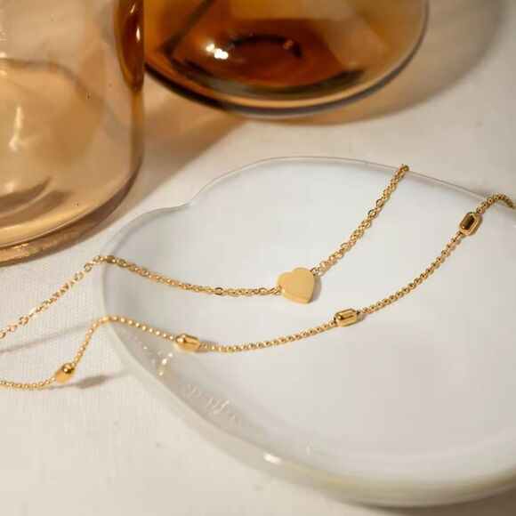 New 18k Gold Ss  Double Anklet / Bracelet Cable & Ball Chain Heart Charm Detail - Picture 5 of 7